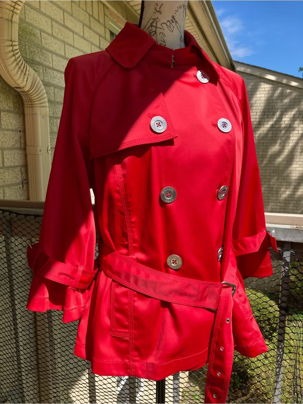 Michael Kors Red Belted Cropped Trench Coat Silver Hardware